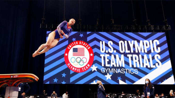 Kara Eaker warms up on the vault prior to the Women's competition of the 2021 U.S. Gymnastics Olympic Trials at America’s Center on June 27, 2021 in St Louis, Missouri. (Photo by Jamie Squire/Getty Images)